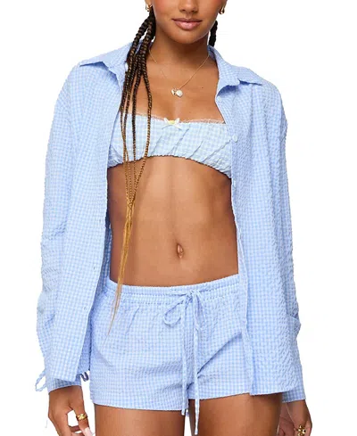 Edikted Lira Oversized Gingham Button Up Shirt In Blue