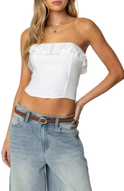 Edikted Litsa Ruffle Strapless Crop Top In White