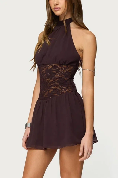 Edikted Lizette Sheer Lace Chiffon Halter Minidress In Brown
