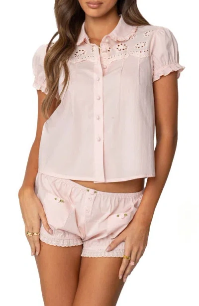 Edikted Lona Eyelet Embroidered Puff Sleeve Button-up Shirt In Light-pink