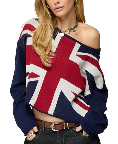Edikted London Babe Off The Shoulder Cotton Graphic Sweater In Blue