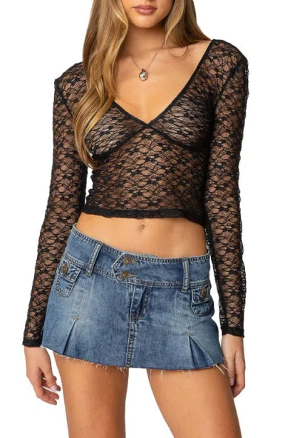 Edikted Long Sleeve Sheer Lace Crop Top In Black
