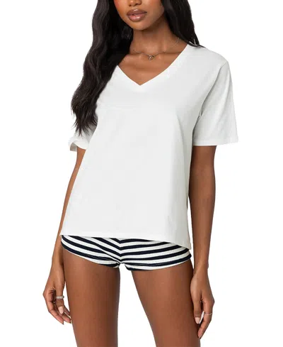 Edikted Ornella V-neck Stretch Cotton T-shirt In White