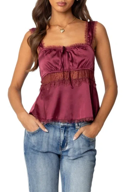 Edikted Loryn Lace Satin Top In Burgundy