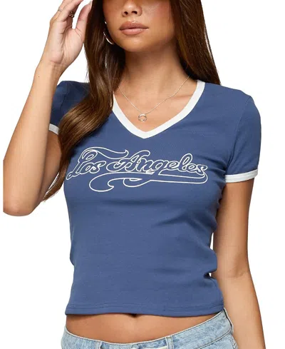 Edikted Los Angeles Crop Stretch Cotton T-shirt In Blue
