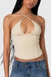 Edikted Lou Crossover Beaded Corset Top In Beige, Women's At Urban Outfitters In Sand