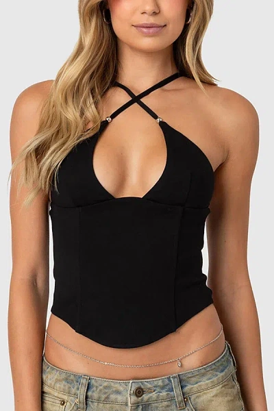 Edikted Lou Crossover Beaded Corset Top In Black, Women's At Urban Outfitters