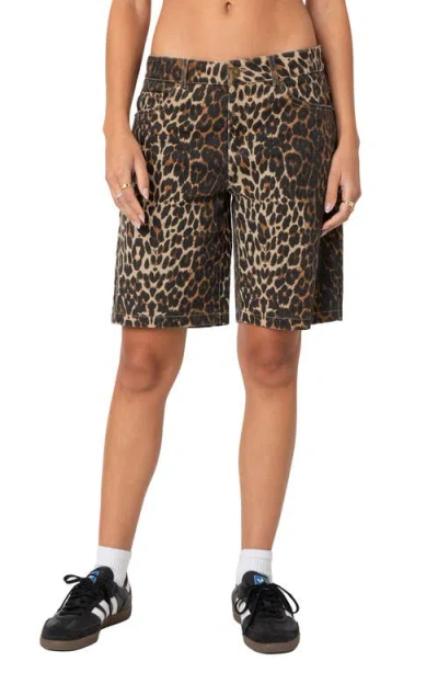 Edikted Low Rise Denim Bermuda Shorts In Leopard