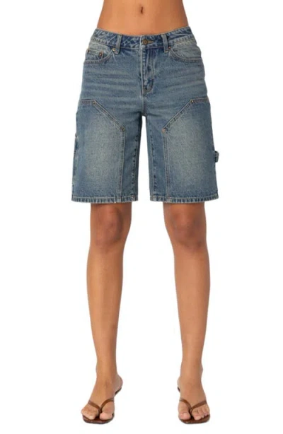 Edikted Low Rise Denim Carpenter Bermuda Shorts In Blue