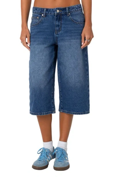 Edikted Low Rise Extra Long Denim Bermuda Shorts In Blue