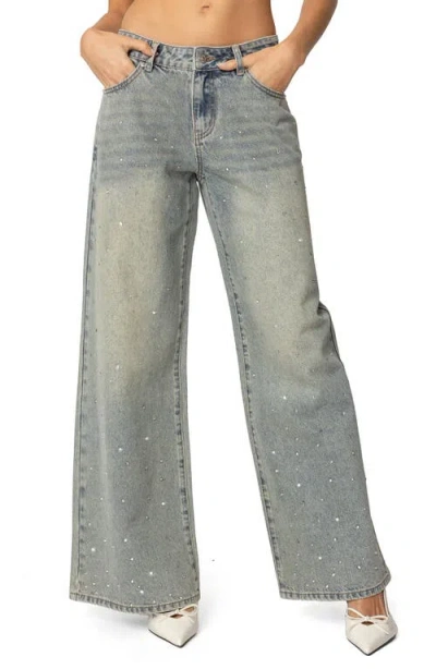 Edikted Low Rise Rhinestone Wide Leg Jeans In Gray