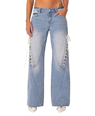 Edikted Lace-up Low Rise Wide Leg Jeans In Light-blue