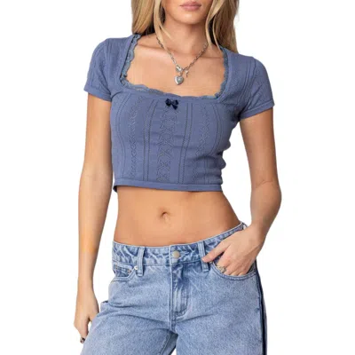 Edikted Luciana Pointelle Lace Trim Crop Top In Blue