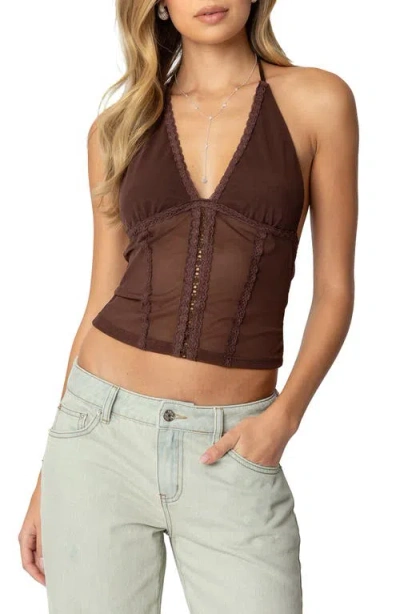 Edikted Lucie Lacy Mesh Halter Top In Brown