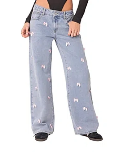 EDIKTED LUCILLE LOW RISE SATIN BOW JEANS IN LIGHT BLUE