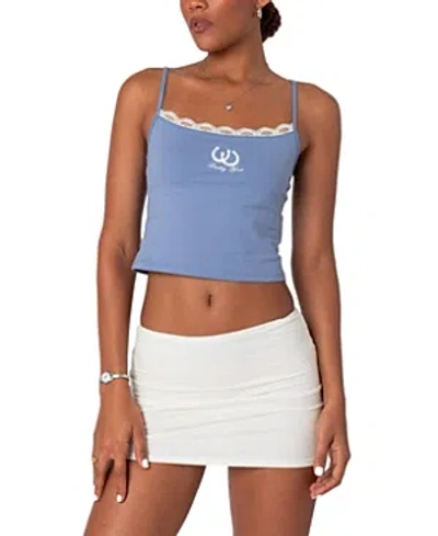 Edikted Lucky Girl Lace Trim Tank Top In Blue