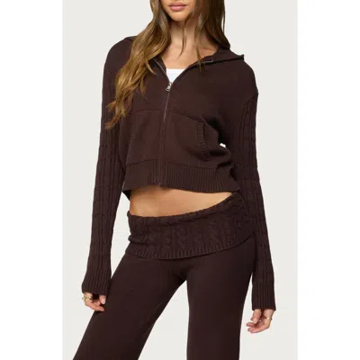 Edikted Lula Cable Knit Hooded Zip-up Cardigan In Brown