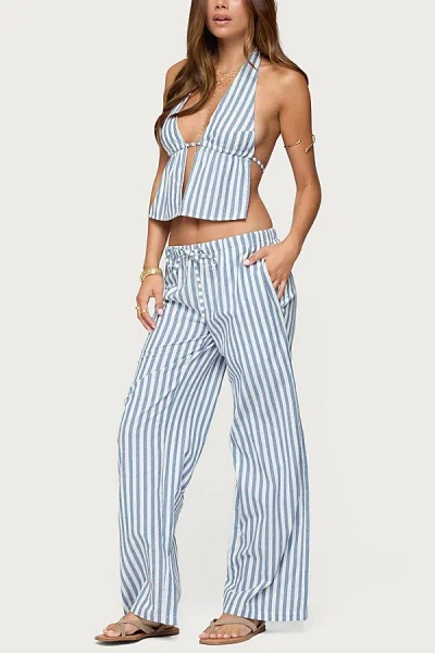 EDIKTED MACEY STRIPED SPLIT FRONT BACKLESS TOP IN BLUE/AND/WHITE, WOMEN'S AT URBAN OUTFITTERS