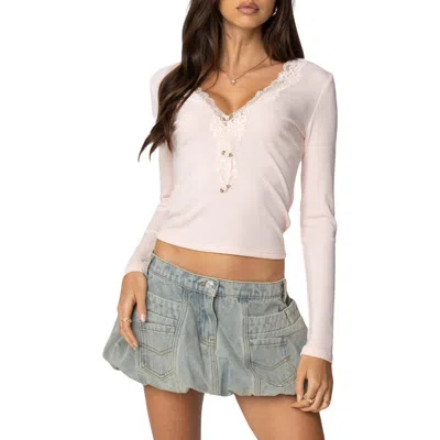 Edikted Madeline Lace Trim Rib Long Sleeve Top In Pink