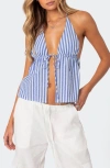 EDIKTED MADELYN STRIPE TIE FRONT COTTON HALTER TOP