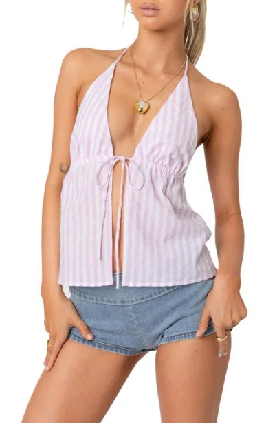 Edikted Madelyn Stripe Tie Front Cotton Halter Top In Pink