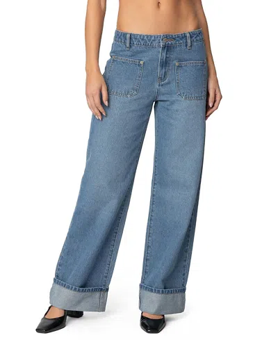 Edikted Madi Cuffed Low Rise Medium Wash Jeans In Blue