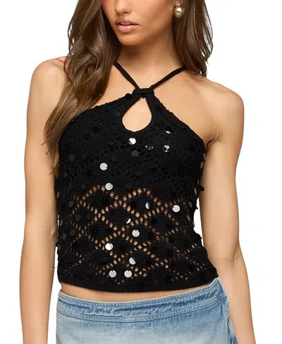 Edikted Mae Open Back Sequin Crochet Top In Black