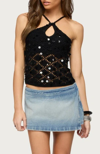 Edikted Mae Open Back Sequin Crochet Top In Black