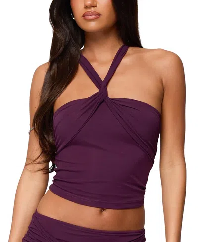 Edikted Maggi Knotted Backless Mesh Top In Purple