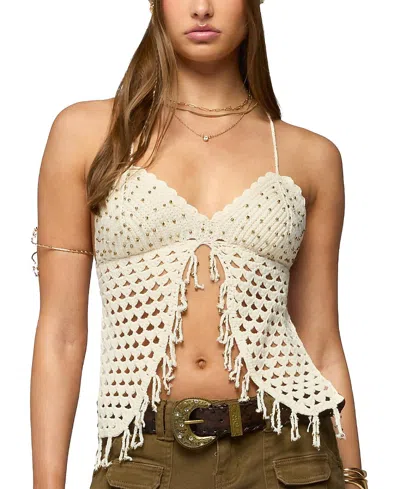Edikted Maggie Bead Split Front Backless Crochet Top In Neutral