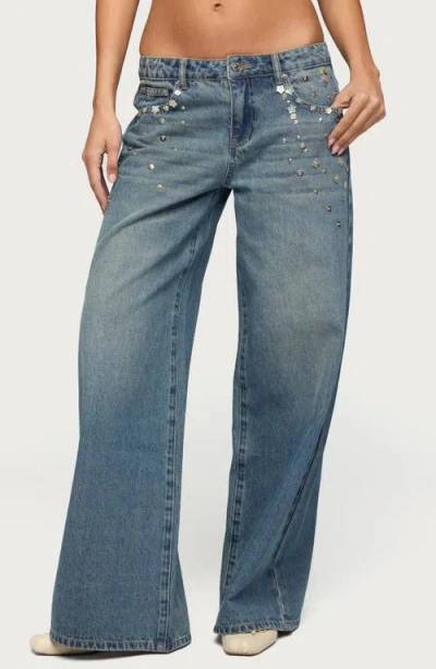 Edikted Mahalia Embellished Low Rise Baggy Jeans In Blue