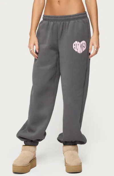 Edikted Major Love Fleece Logo Graphic Sweatpants In Gray
