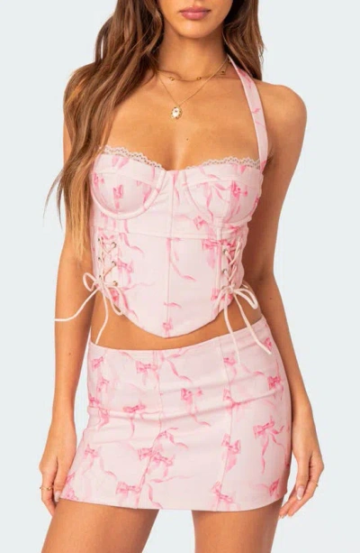 Edikted Makayla Print Lace-up Crop Halter Top In Light-pink
