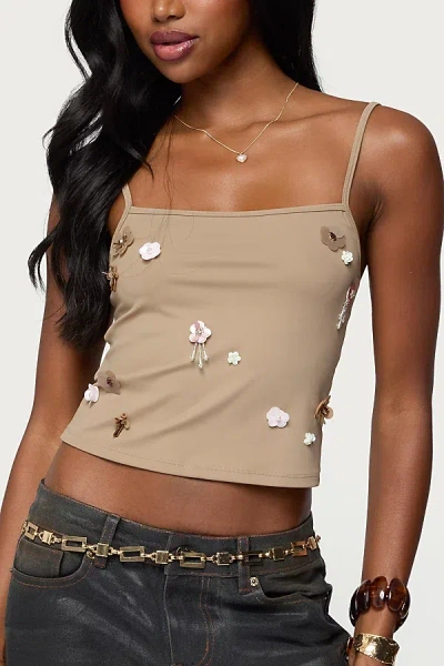 Edikted Malia Flower Applique Tank Top In Brown, Women's At Urban Outfitters