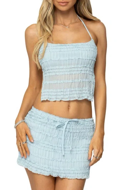 Edikted Mari Ruffle Chiffon Tie Back Crop Halter Top In Blue