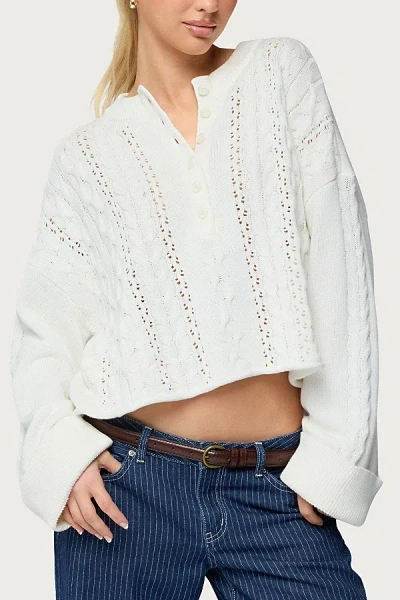 Edikted Marianna Crop Henley Cable Sweater In White