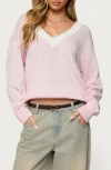 Edikted Marie Lace Contrast Cotton V-neck Sweater In Pink