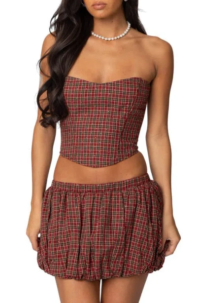 Edikted Marlene Plaid Strapless Corset Top In Red