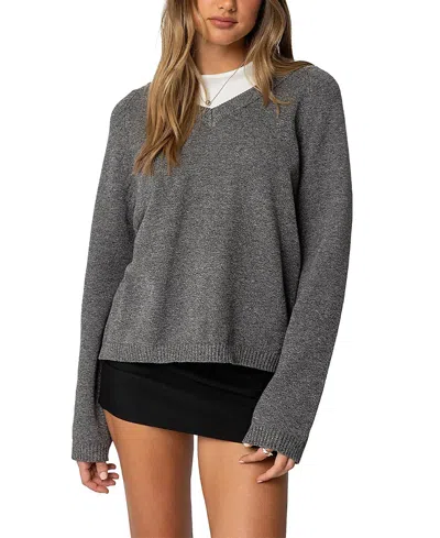 Edikted Martha Oversized V Neck Sweater In Dark-gray-melange