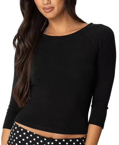 Edikted Mary Quarter Sleeve Wide Neck Top In Black