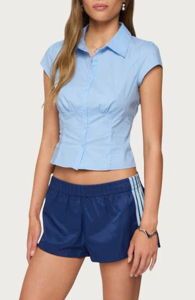 Edikted Massie Cap Sleeve Crop Button-up Shirt In Blue