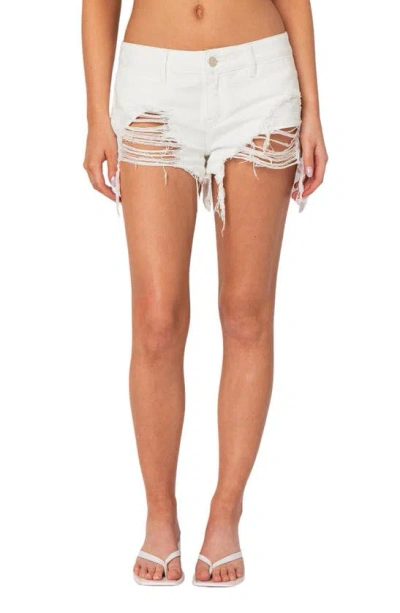 Edikted Matilda Distressed Denim Cutoff Shorts In White