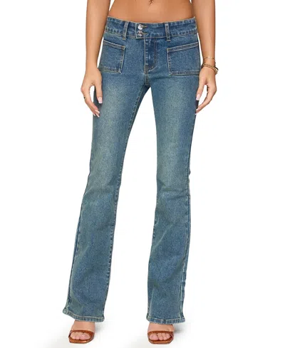 Edikted Mattea Low Rise Flared Jeans In Blue Wash