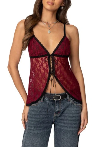 Edikted Maude Split Tie Front Lace Camisole In Burgundy