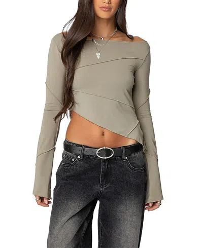 Edikted Maura Boat Neck Asymmetric Top In Green