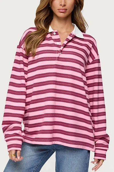 Edikted Maureen Striped Polo Sweatshirt In Pink, Women's At Urban Outfitters