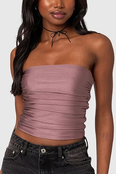 Edikted Maxeen Shiny Gathered Tube Top In Mauve, Women's At Urban Outfitters In Purple