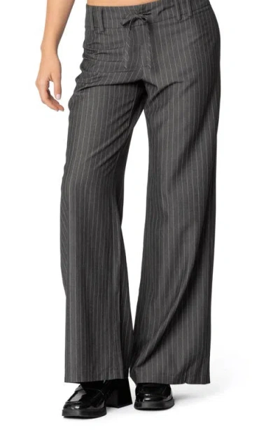 Edikted Mayla Pinstripe Drawstring Wide Leg Pants In Gray