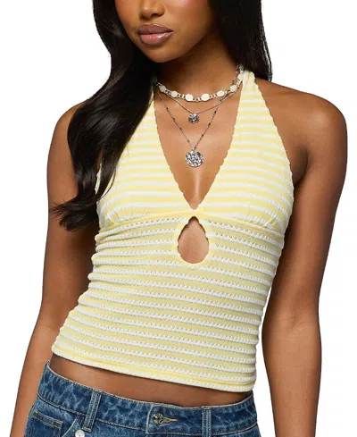Edikted Maylah Keyhole Striped Textured Halter Top In Yellow