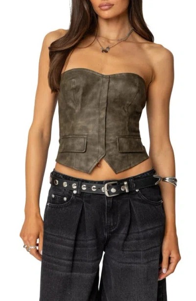 Edikted Maysen Faux Leather Corset Top In Dark-gray